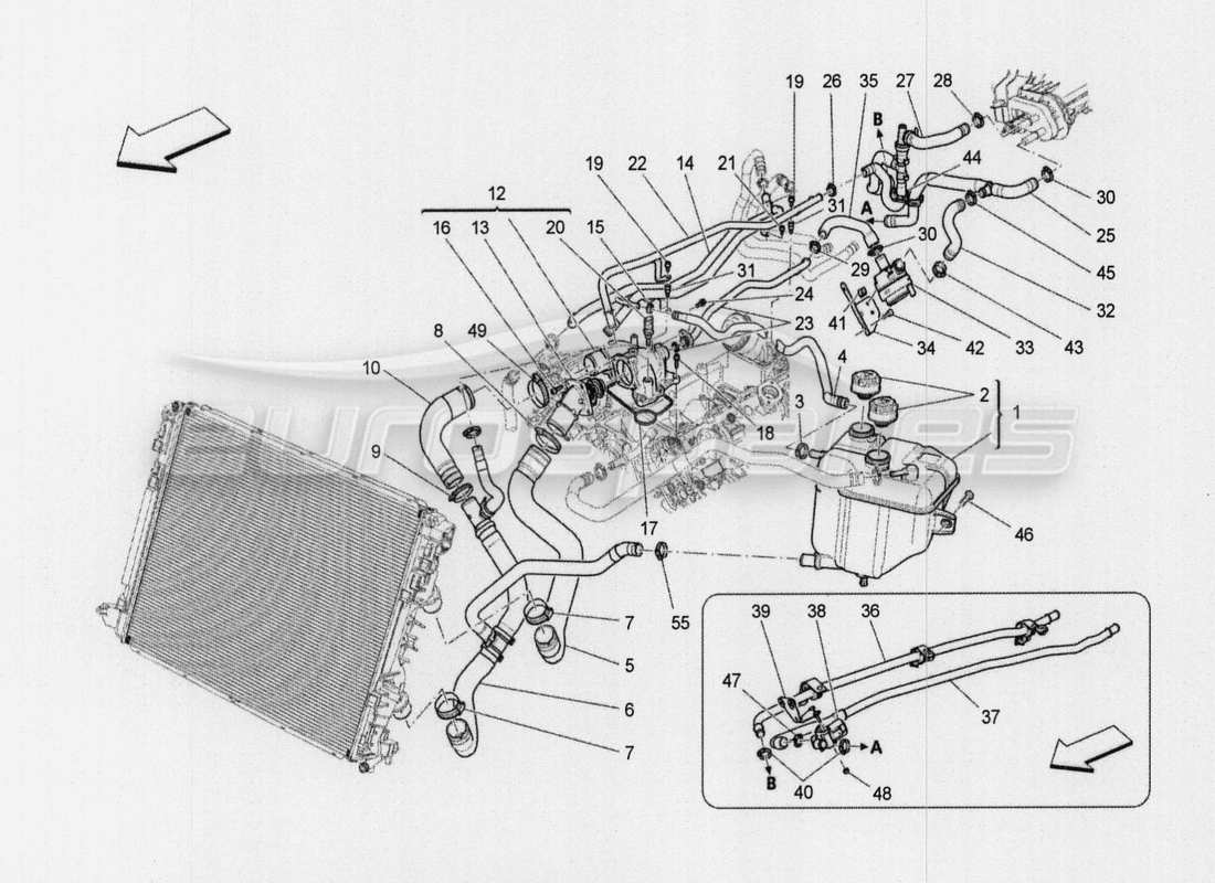 maserati qtp. v8 3.8 530bhp auto 2015 sistema di raffreddamento: diagramma delle parti di nourice e linee