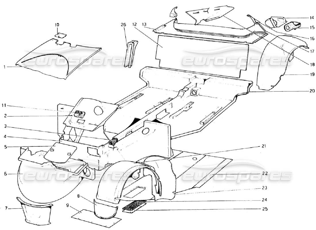 ferrari 308 gtb (1976) schema delle parti della carrozzeria - elementi interni (valido per versioni rhd - aus).