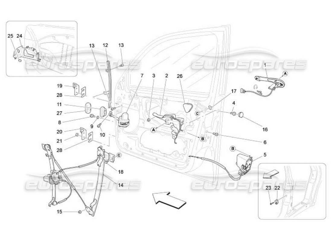 maserati qtp. (2005) 4.2 porte anteriori: diagramma delle parti dei meccanismi