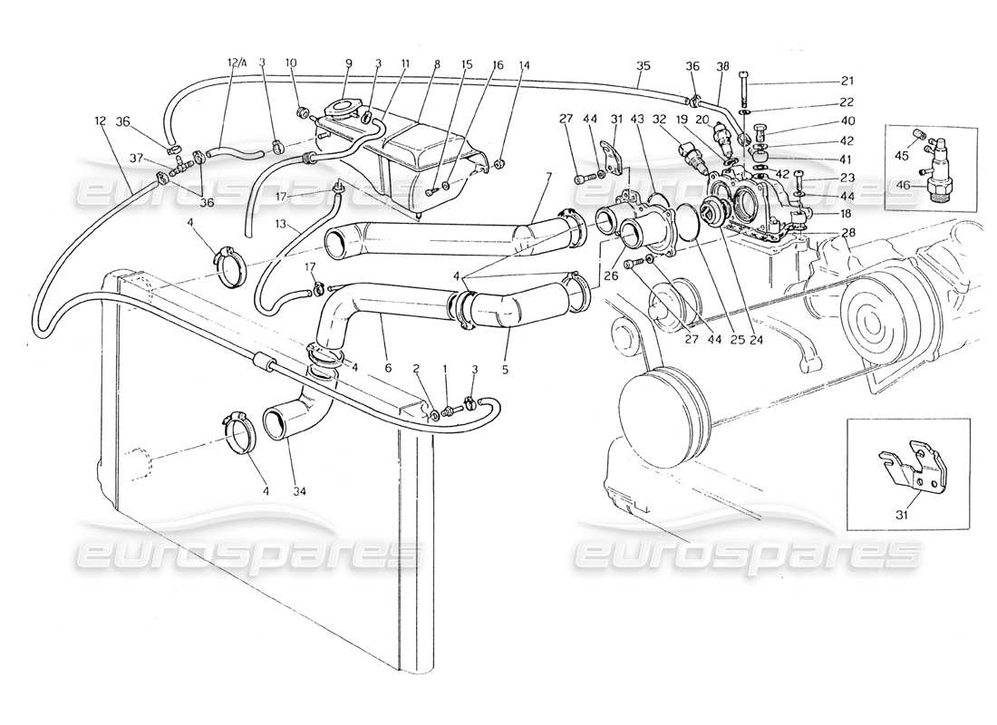 maserati 228 diagramma delle parti dei tubi di raffreddamento del motore e del termostato