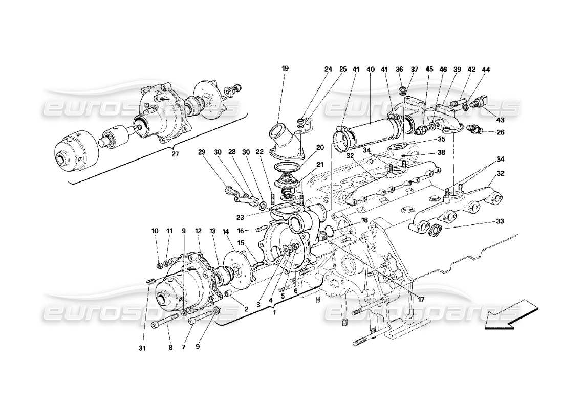 ferrari 348 (2.7 motronic) schema delle parti della pompa dell'acqua