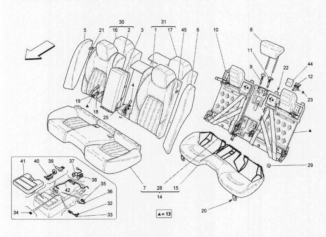 maserati qtp. v6 3.0 bt 410bhp 2wd 2017 sedili posteriori: schema delle parti dei pannelli di rivestimento