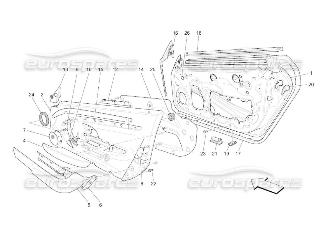 maserati grancabrio (2011) 4.7 porte anteriori: diagramma delle parti dei pannelli di rivestimento