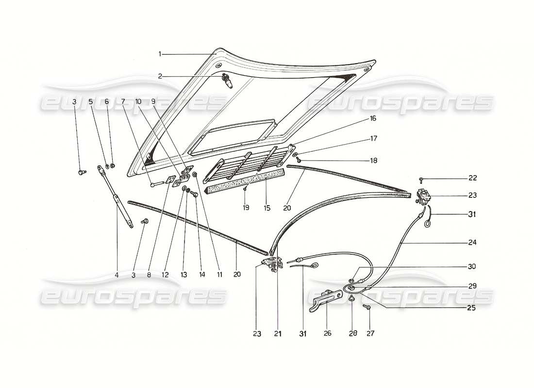 ferrari 308 gt4 dino (1976) diagramma delle parti del coperchio dello scomparto anteriore