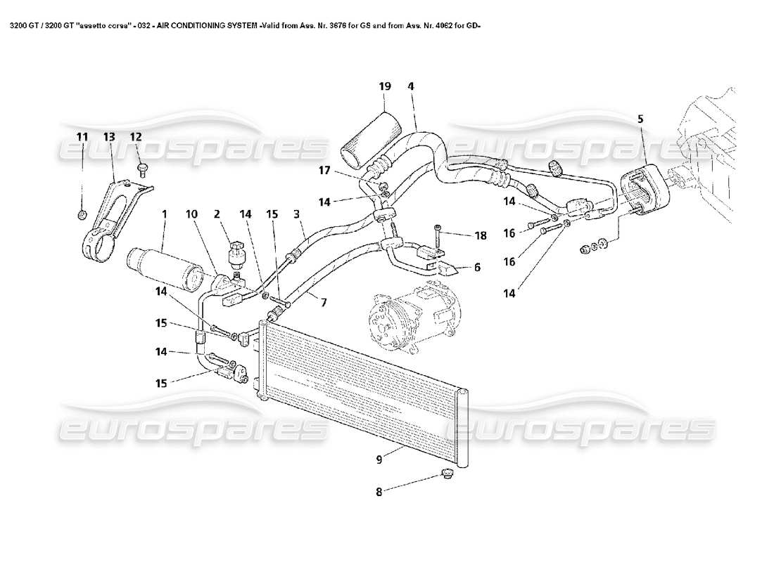maserati 3200 gt/gta/assetto corsa impianto aria condizionata -vale dall'ass. no. 3676 per gs e dall'ass. no. 4062 per gd-diagramma delle parti