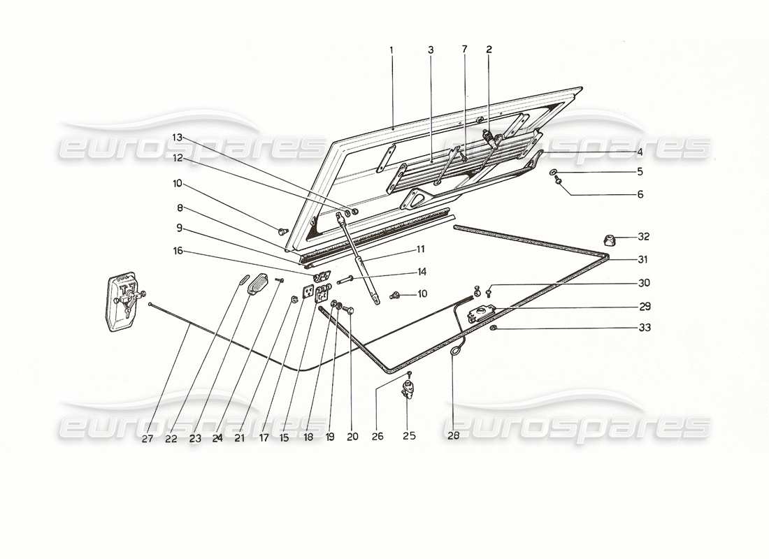 ferrari 308 gt4 dino (1976) schema delle parti del coperchio del vano motore e della moquette