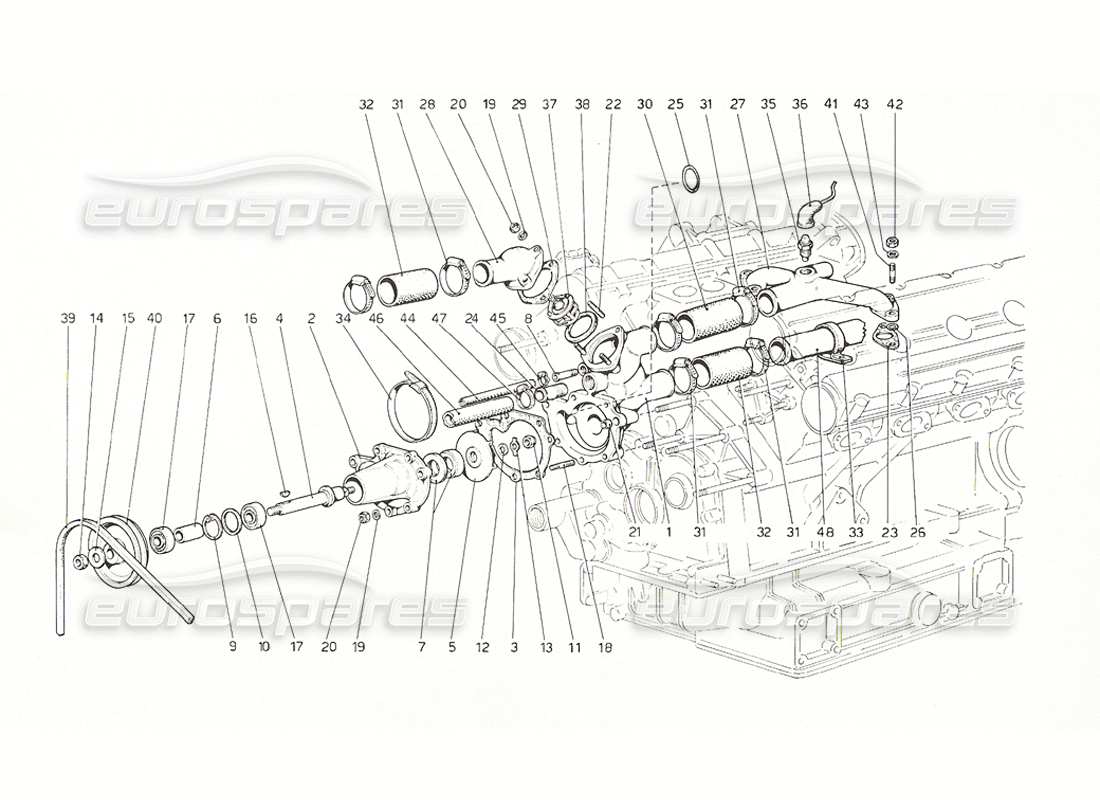 ferrari 308 gt4 dino (1976) diagramma delle parti della pompa dell'acqua e dei tubi