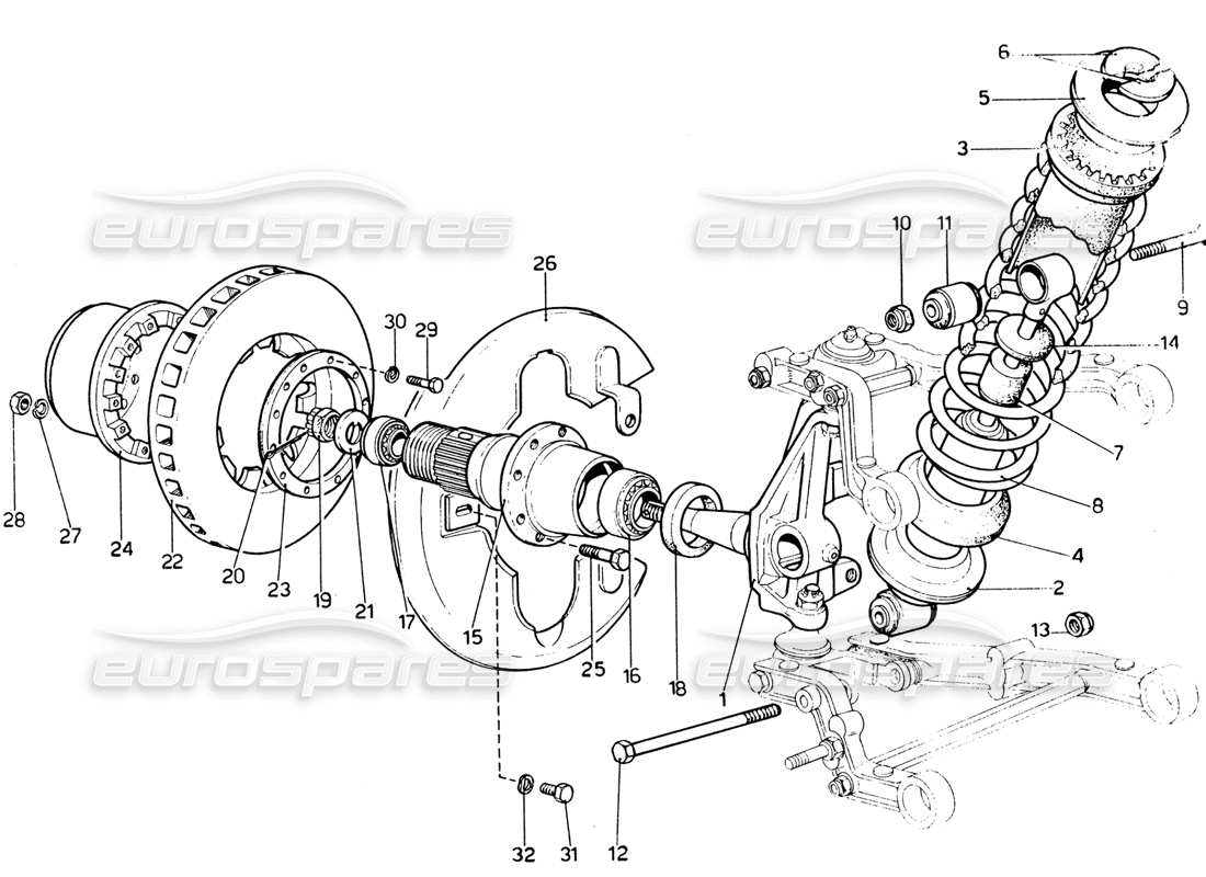 ferrari 365 gtb4 daytona (1969) shock absorber, hub & front brake disc part diagram