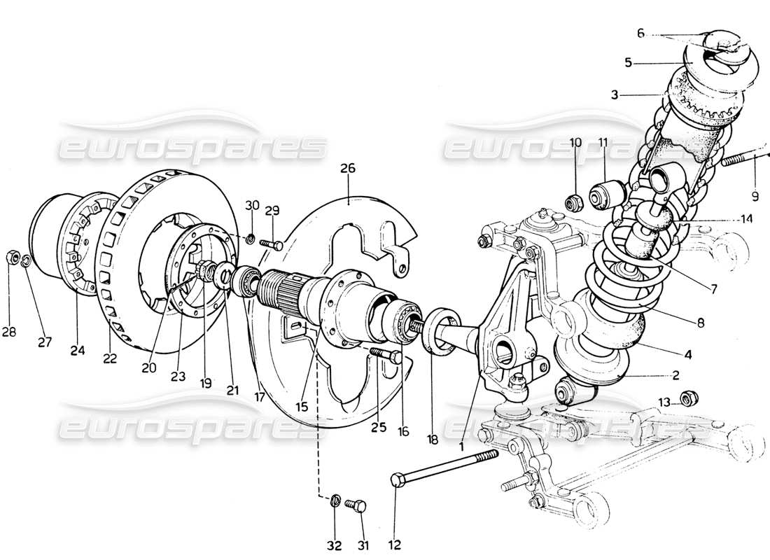 ferrari 365 gtb4 daytona (1969) schema delle parti dell'ammortizzatore, del mozzo e del disco freno anteriore