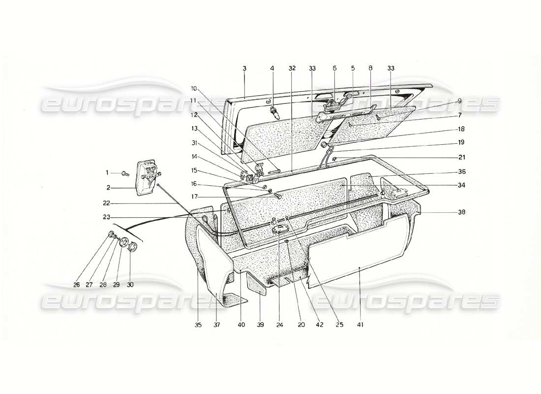 ferrari 308 gt4 dino (1976) coperchio del vano bagagli diagramma delle parti