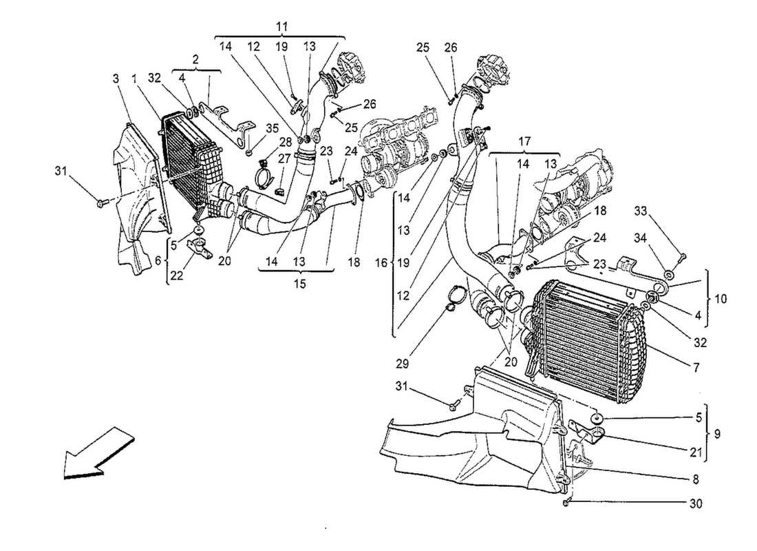 maserati qtp. v8 3.8 530bhp 2014 diagramma delle parti del sistema di intercooler