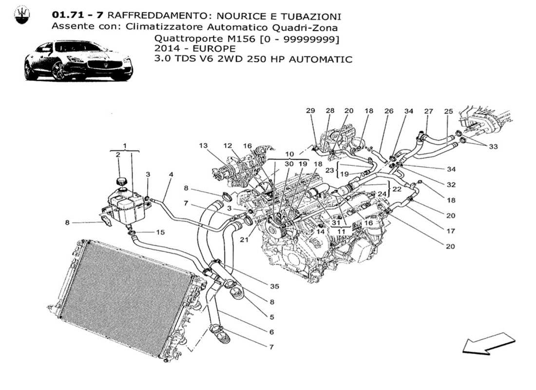maserati qtp. v6 3.0 tds 250bhp 2014 sistema di raffreddamento: diagramma delle parti di nourice e linee