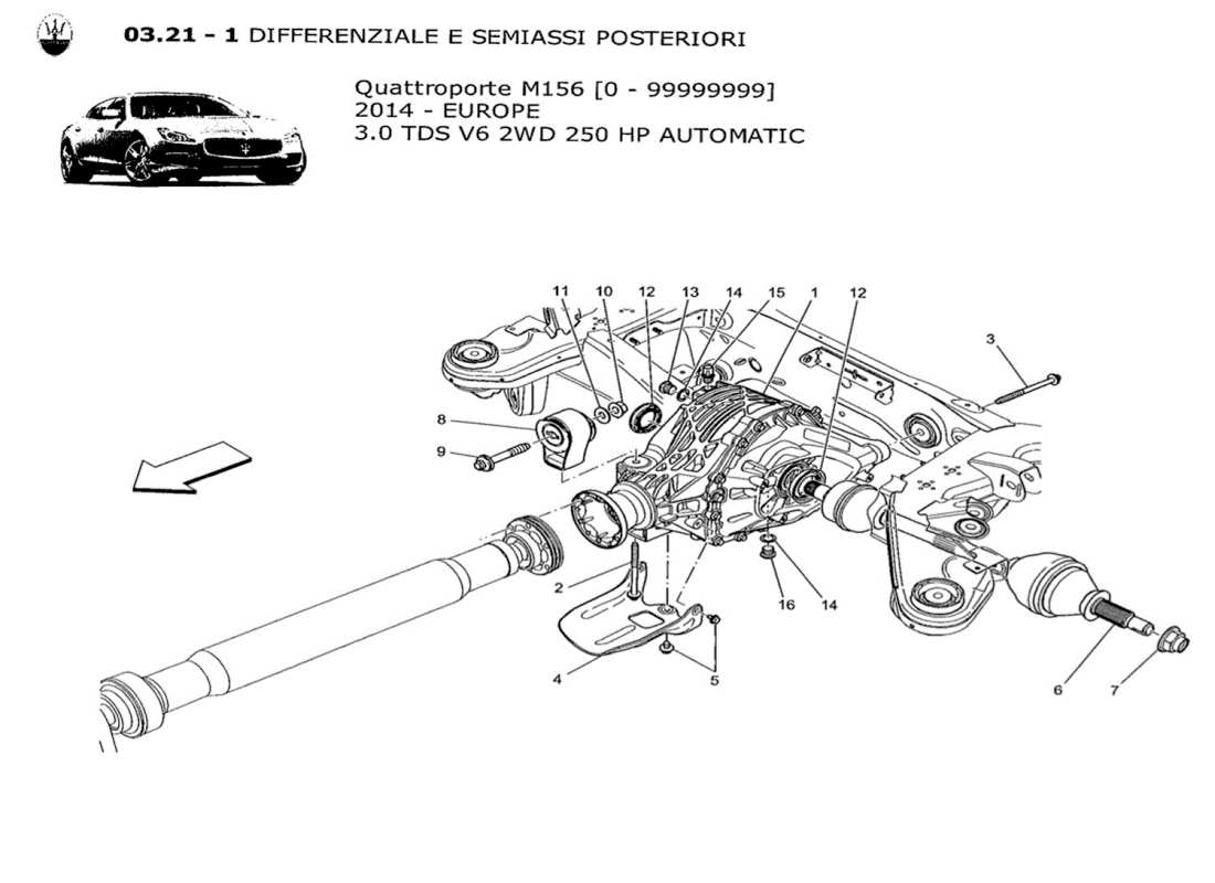 maserati qtp. v6 3.0 tds 250bhp 2014 diagramma delle parti del differenziale e dei semiassi posteriori