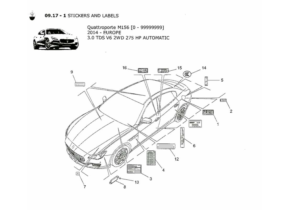 maserati qtp. v6 3.0 tds 275bhp 2014 diagramma delle parti di adesivi ed etichette