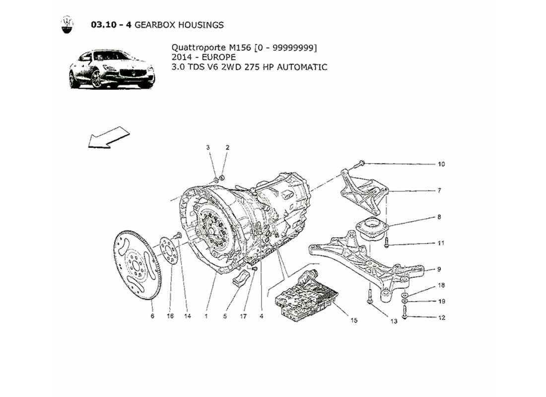 maserati qtp. v6 3.0 tds 275bhp 2014 diagramma delle parti degli alloggiamenti del cambio