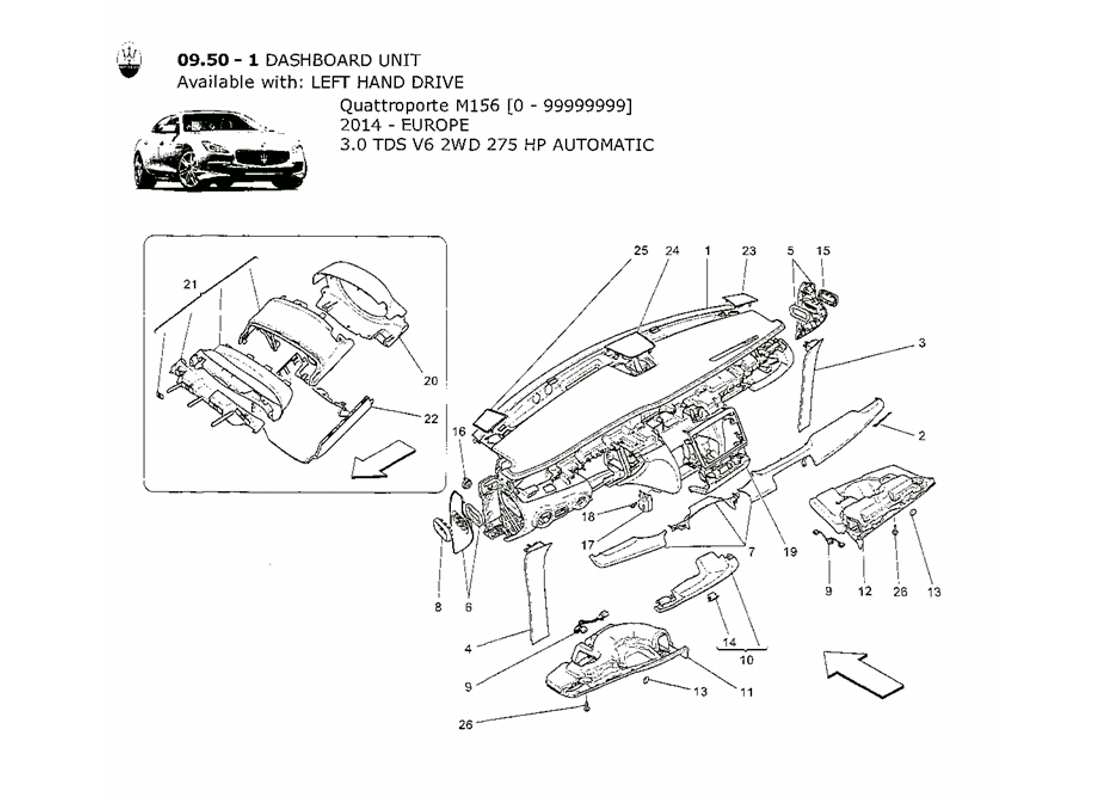 maserati qtp. v6 3.0 tds 275bhp 2014 diagramma delle parti dell'unità del cruscotto