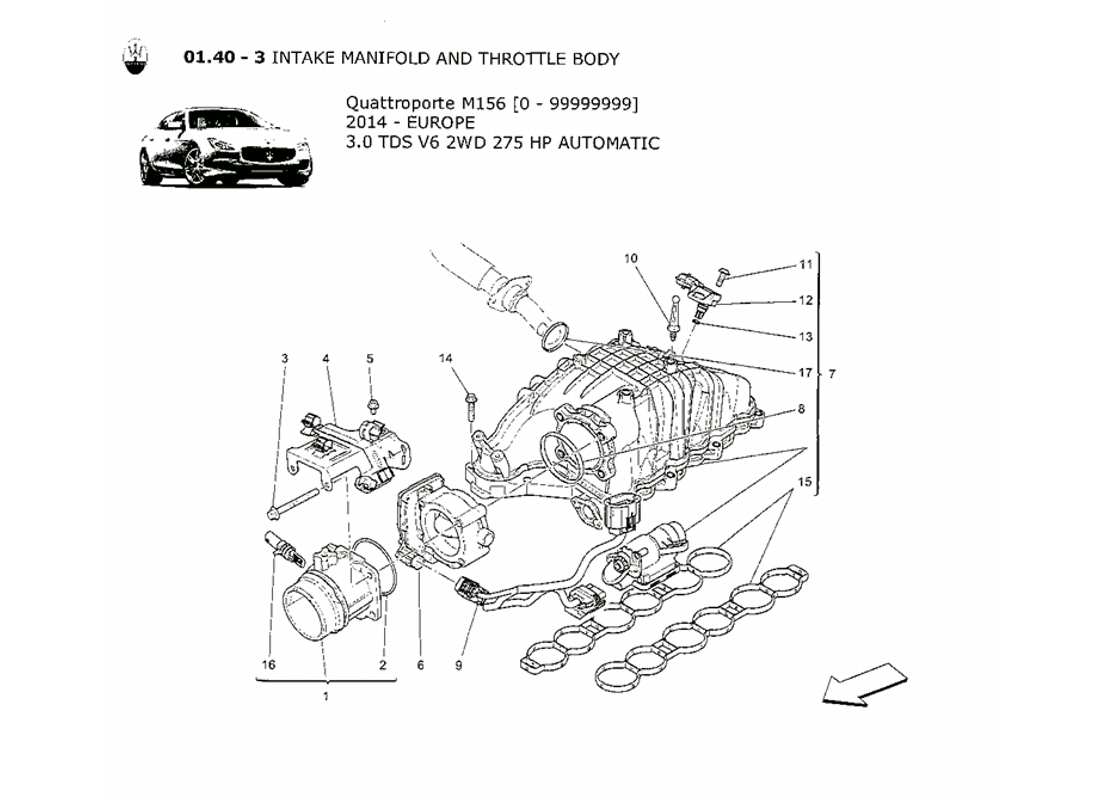 maserati qtp. v6 3.0 tds 275bhp 2014 schema della parte del collettore di aspirazione e del corpo farfallato