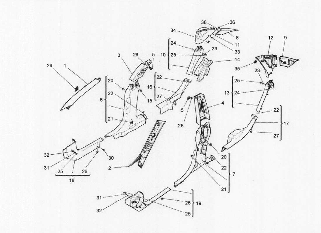 maserati qtp. v6 3.0 bt 410bhp 2wd 2017 schema delle parti dei pannelli di rivestimento del montante b e dei pannelli laterali dell'abitacolo