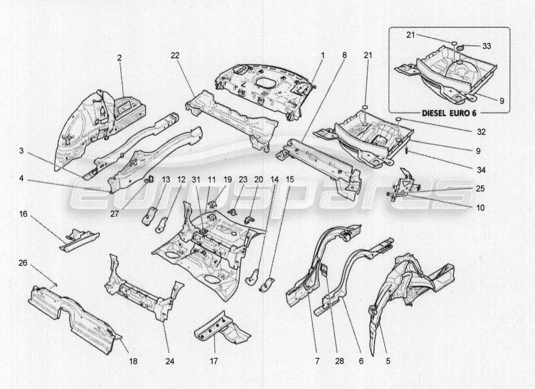 maserati qtp. v8 3.8 530bhp 2014 auto schema delle parti dei telai strutturali posteriori e dei pannelli in lamiera