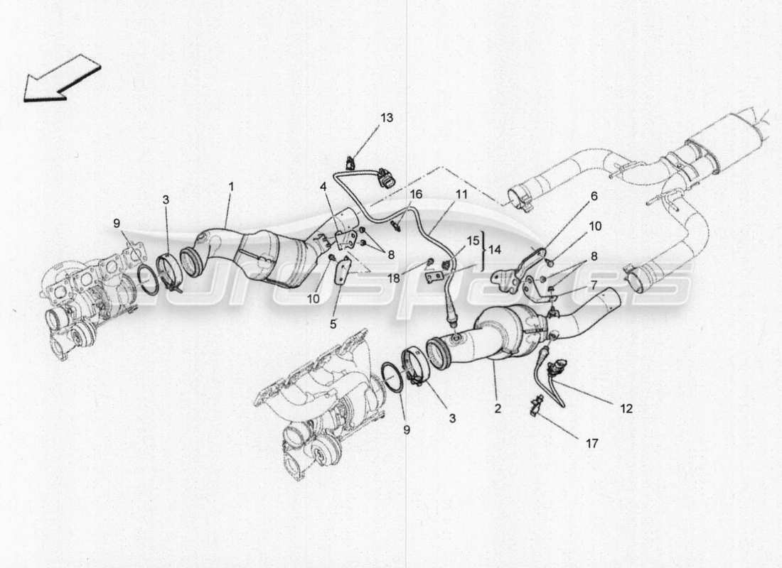 maserati qtp. v8 3.8 530bhp 2014 auto diagramma delle parti dei convertitori pre-catalitici e dei convertitori catalitici