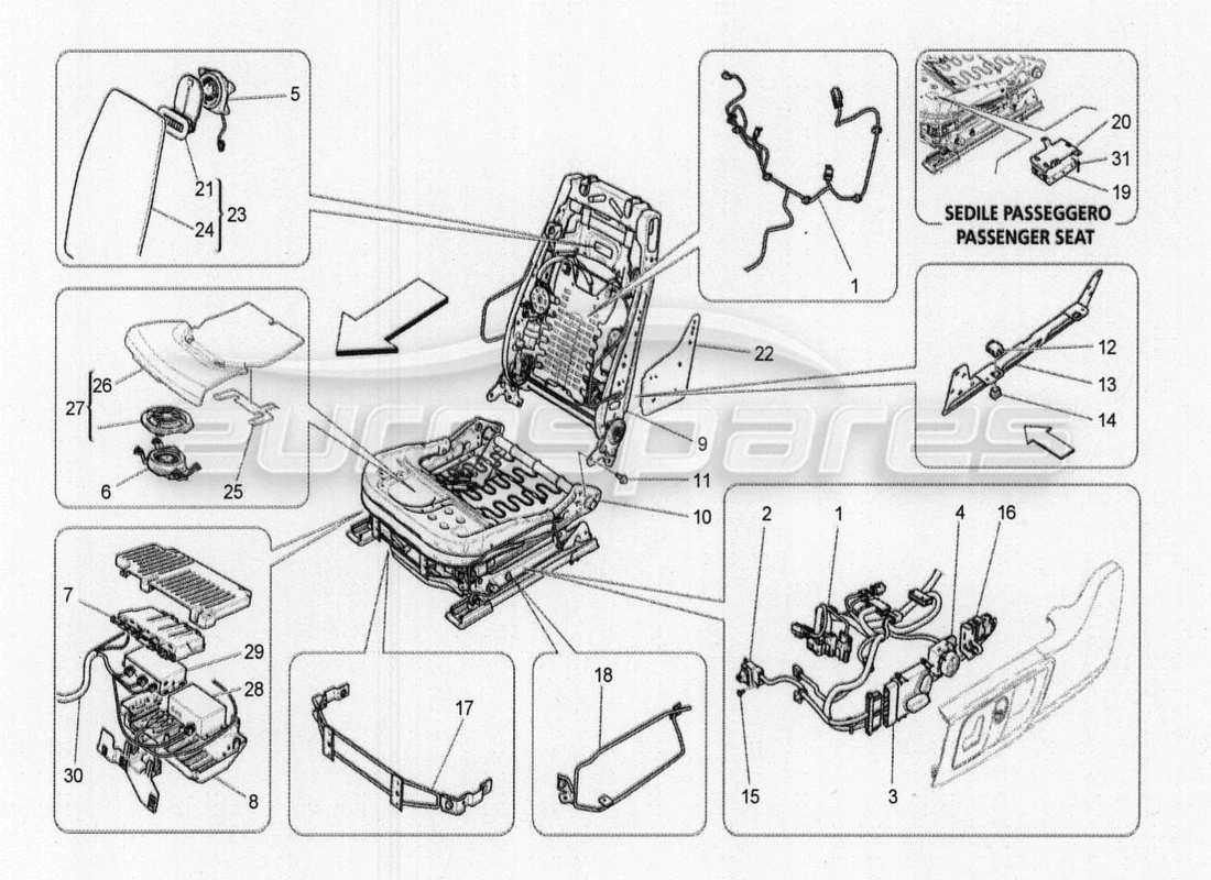 maserati qtp. v8 3.8 530bhp 2014 auto sedili anteriori: diagramma delle parti meccaniche ed elettroniche