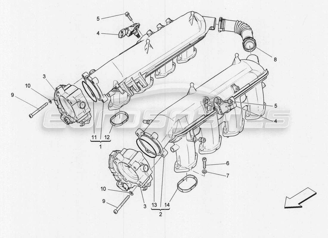 maserati qtp. v8 3.8 530bhp 2014 auto schema della parte del collettore di aspirazione e del corpo farfallato