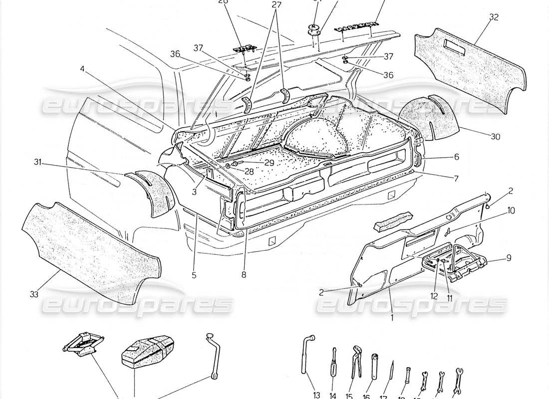 maserati 228 stivale: diagramma delle parti di badge, tappeti e strumenti