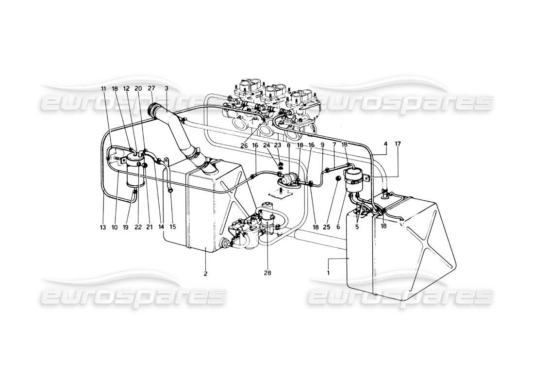 ferrari 246 dino (1975) impianto alimentazione (varianti per versioni usa) diagramma delle parti