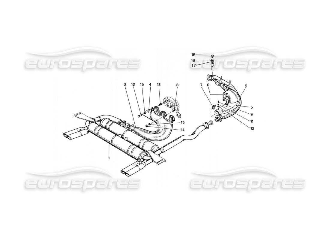 ferrari 246 dino (1975) impianto di scarico (varianti per versioni usa) diagramma delle parti