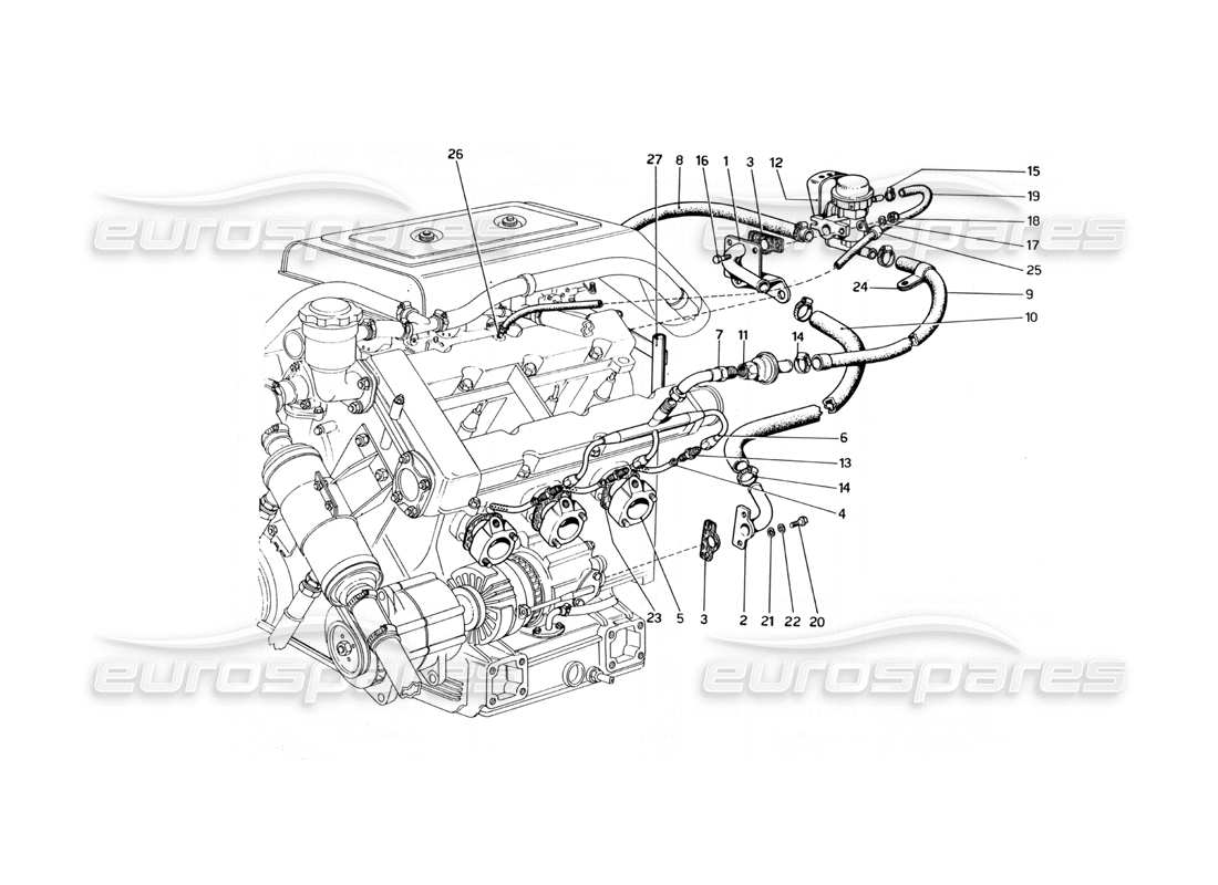 ferrari 246 dino (1975) diagramma delle parti della valvola deviatrice e dei tubi (varianti per le versioni usa).