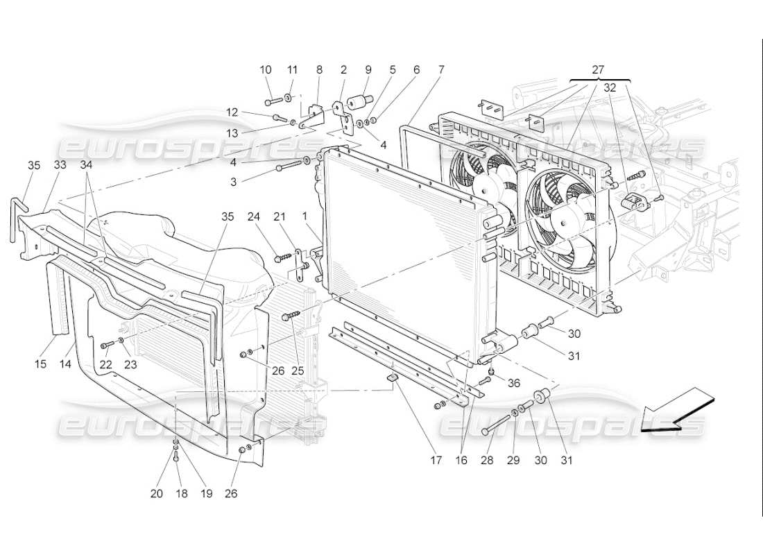 maserati qtp. (2007) 4.2 f1 raffreddamento: diagramma delle parti dei radiatori dell'aria e dei condotti