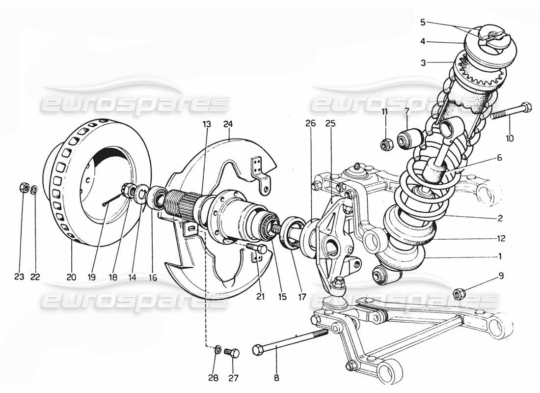 ferrari 365 gtc4 (mechanical) schema delle parti della sospensione anteriore e dell'ammortizzatore