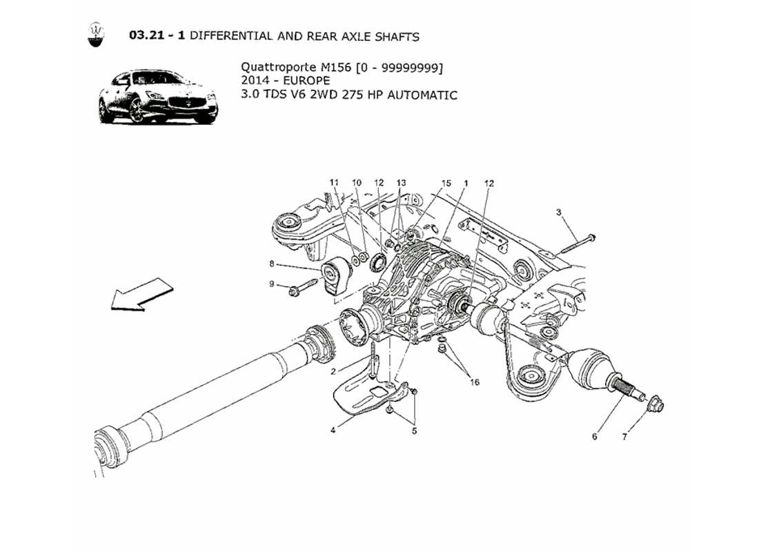 maserati qtp. v6 3.0 tds 275bhp 2014 diagramma delle parti del differenziale e dei semiassi posteriori