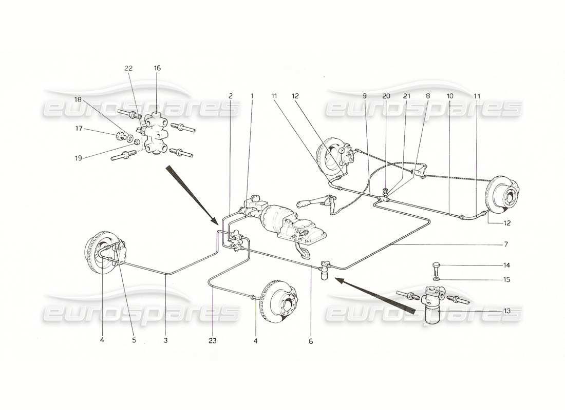 ferrari 308 gt4 dino (1976) schema delle parti dell'impianto frenante (fino al n. 11482 gs | 12... gd | 11462 usa).