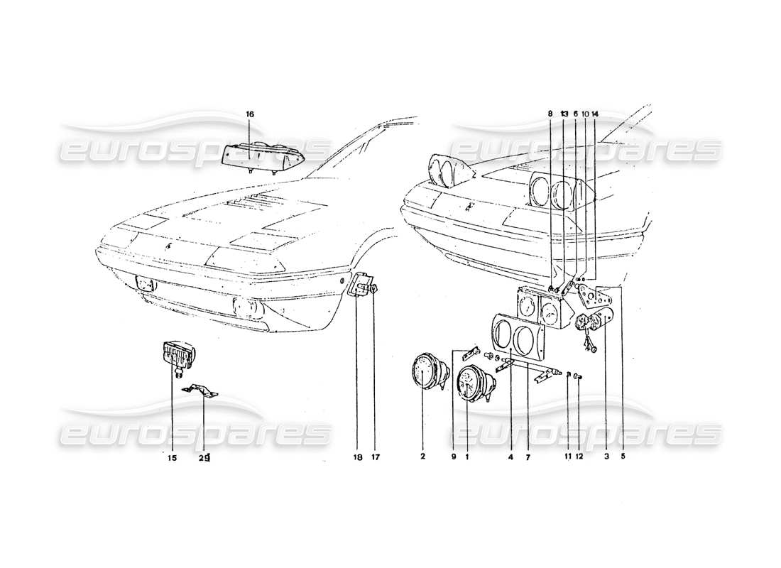 ferrari 365 gt4 2+2 coachwork diagramma delle parti delle luci anteriori