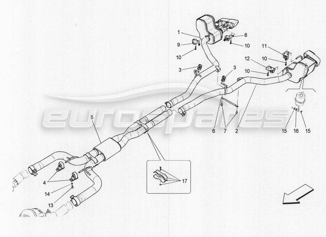 maserati qtp. v8 3.8 530bhp 2014 auto diagramma delle parti dei silenziatori