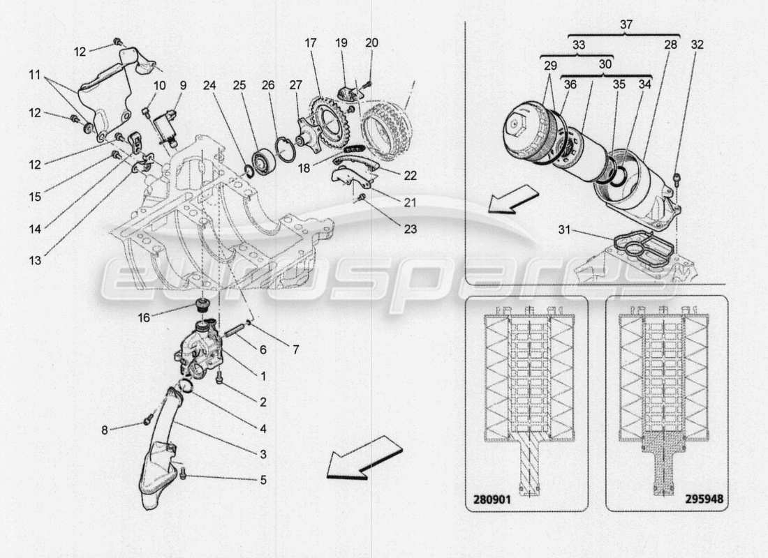 maserati qtp. v8 3.8 530bhp 2014 auto sistema di lubrificazione: diagramma delle parti di pompa e filtro