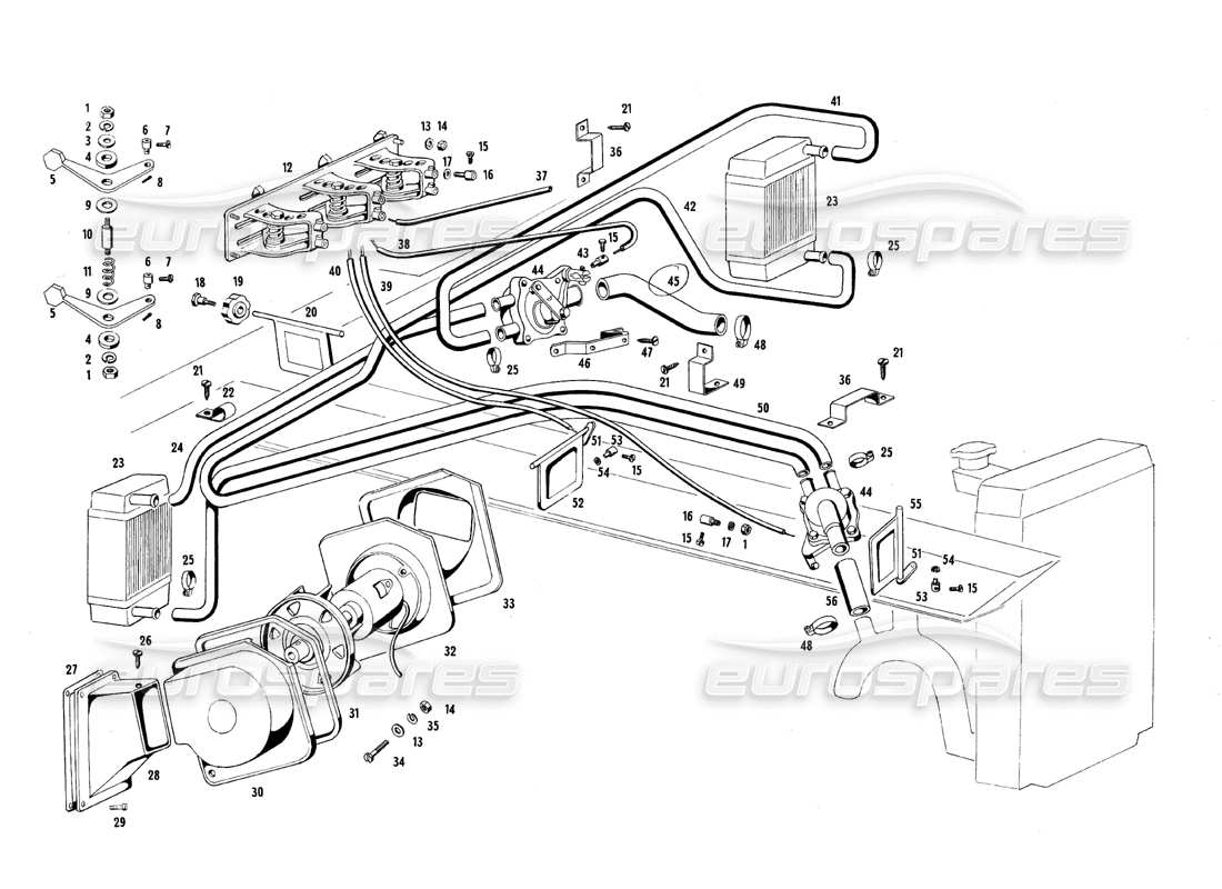 maserati qtp.v8 4.7 (s1 & s2) 1967 diagramma delle parti del sistema di riscaldamento e raffreddamento