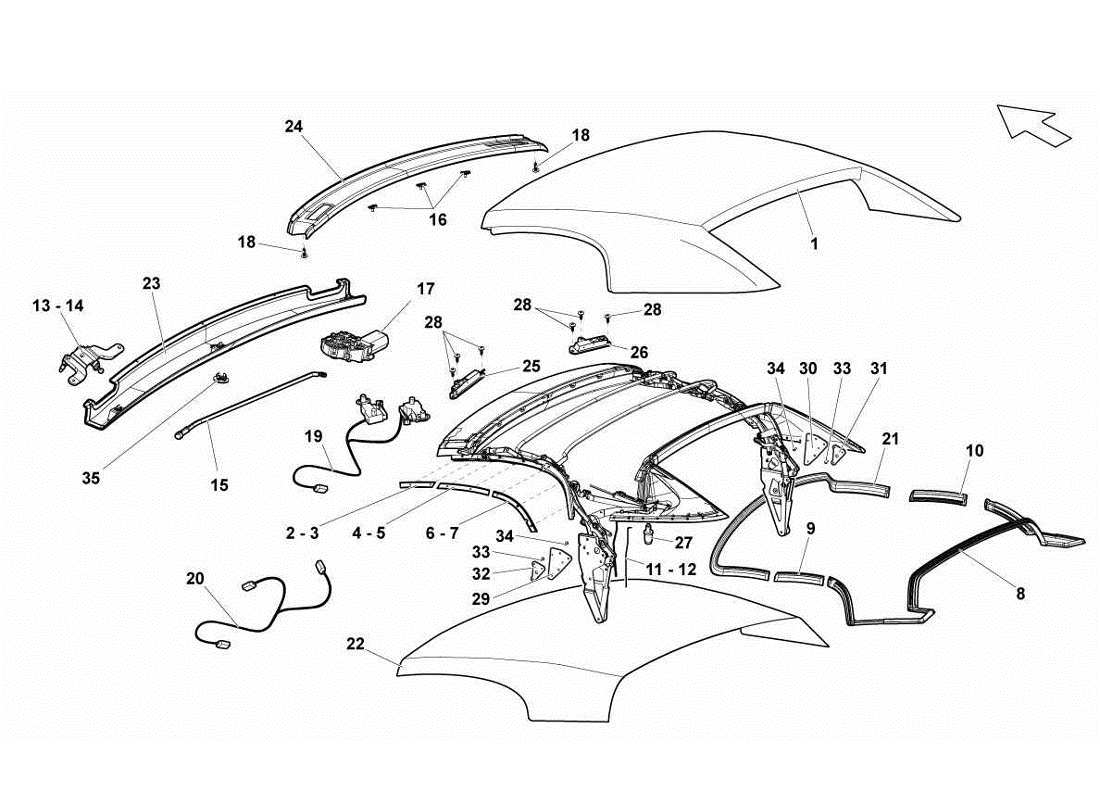 lamborghini gallardo lp560-4s update pannello del tetto capote - diagramma delle parti dei componenti