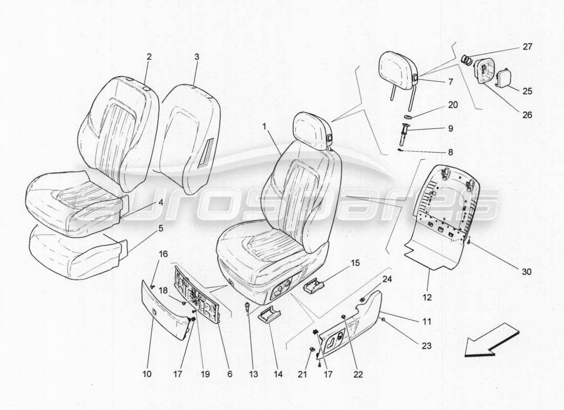 maserati qtp. v8 3.8 530bhp auto 2015 sedili anteriori: schema delle parti dei pannelli di rivestimento