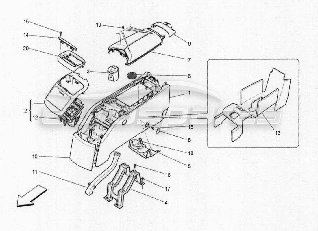maserati qtp. v8 3.8 530bhp auto 2015 schema delle parti della console accessoria e della console centrale