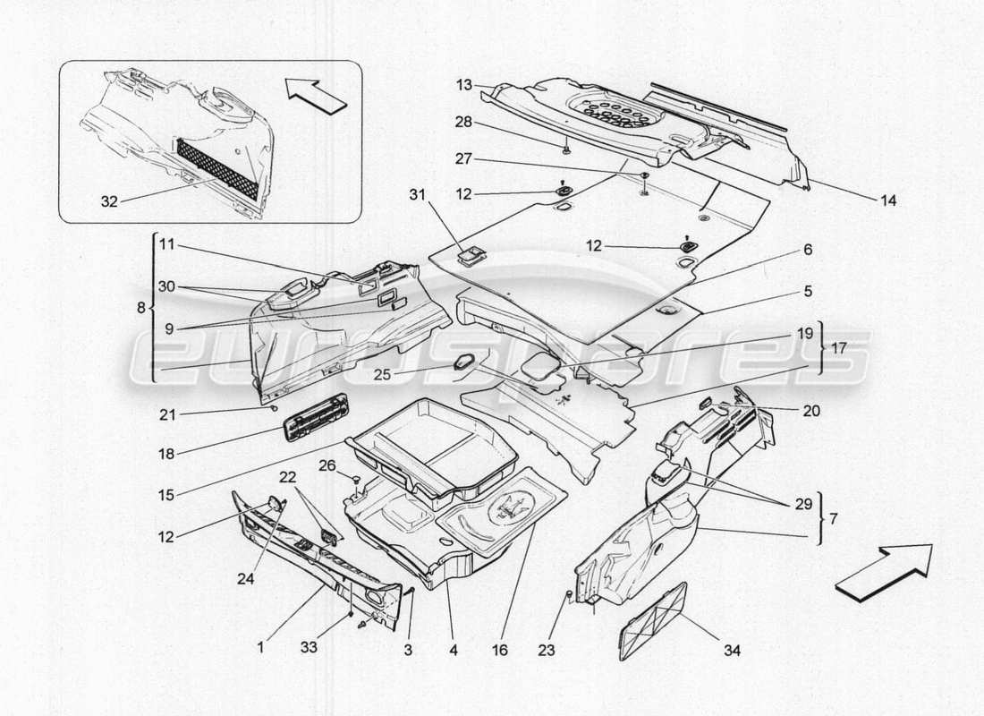 maserati qtp. v8 3.8 530bhp 2014 auto diagramma delle parti dei tappetini del vano bagagli