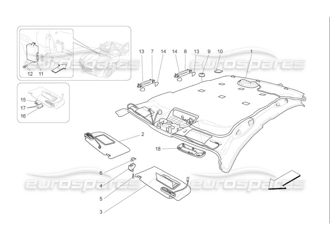 maserati qtp. (2010) 4.7 auto diagramma delle parti del tetto e delle alette parasole
