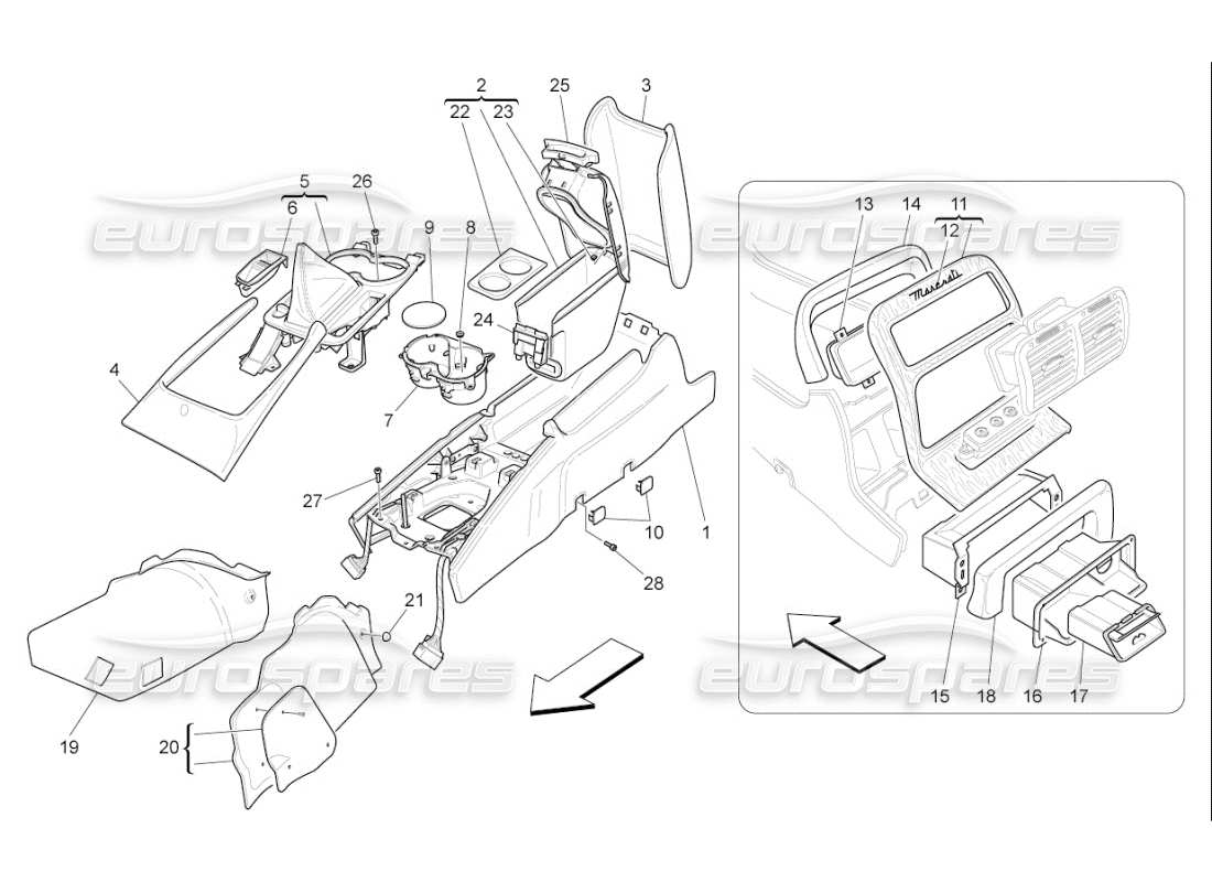 maserati qtp. (2008) 4.2 auto schema delle parti della console accessoria e della console centrale
