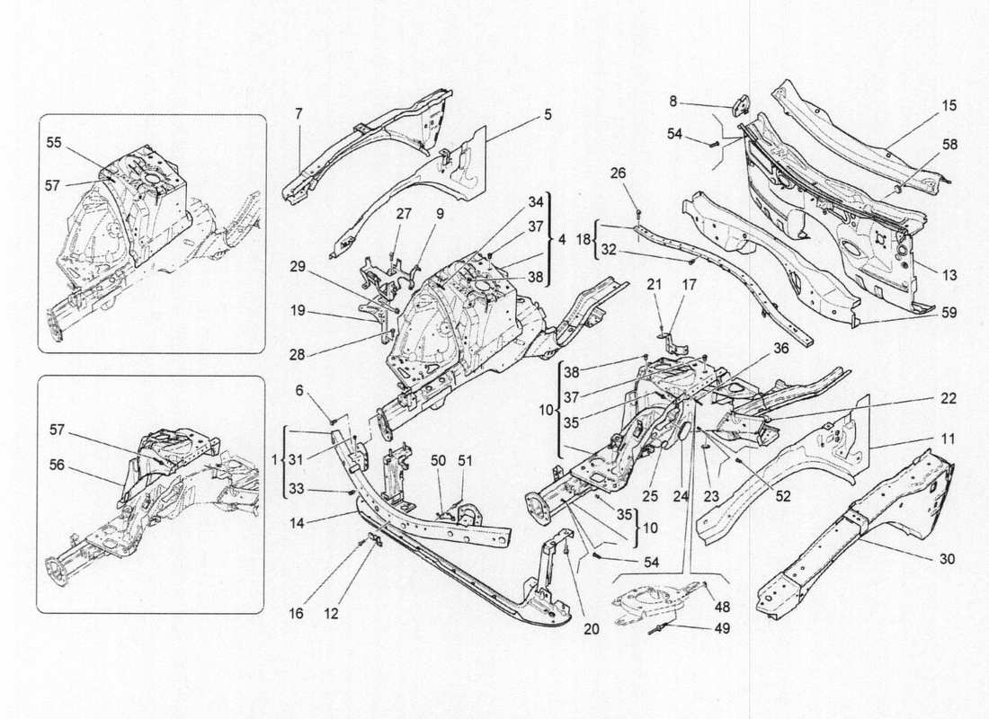 maserati qtp. v6 3.0 bt 410bhp 2015 schema delle parti dei telai strutturali anteriori e dei pannelli in lamiera