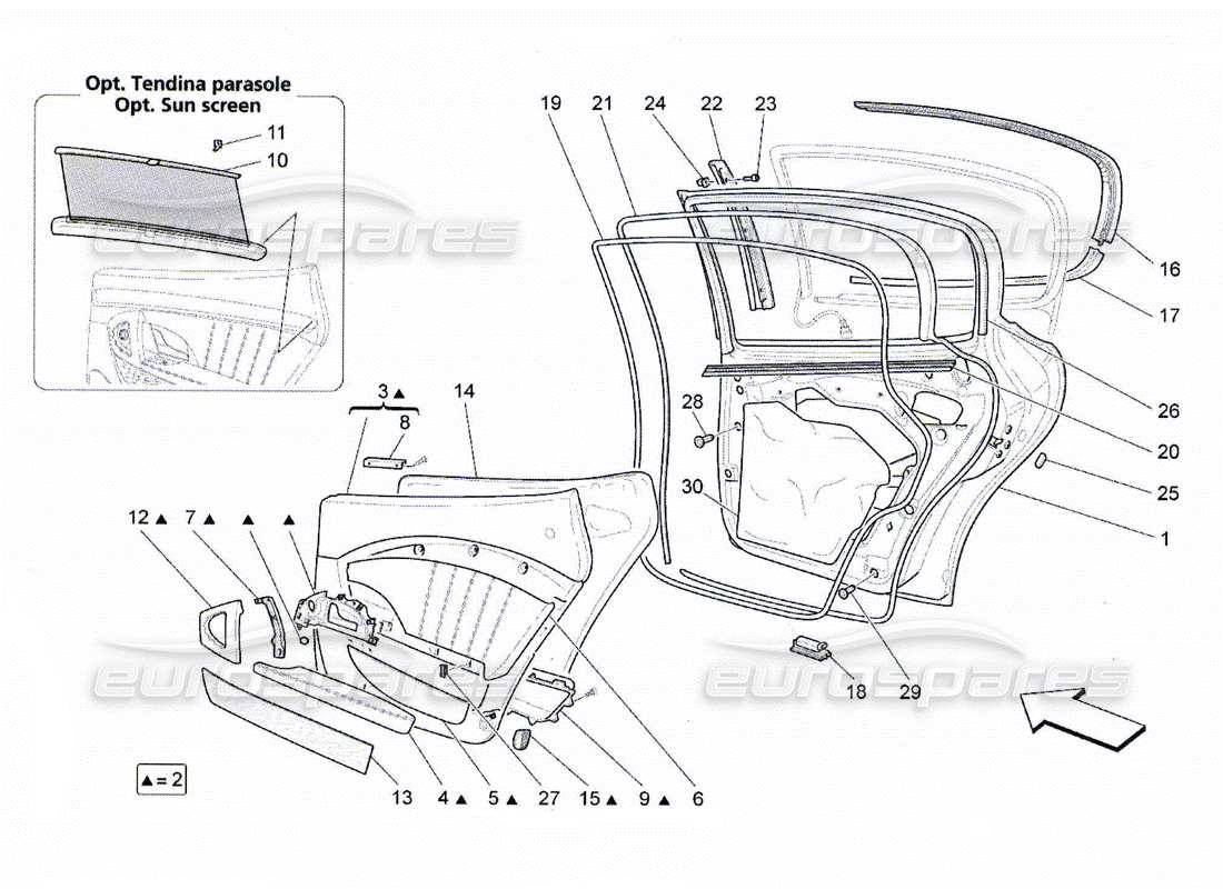 maserati qtp. (2010) 4.2 porte posteriori: pannelli di rivestimento schema delle parti