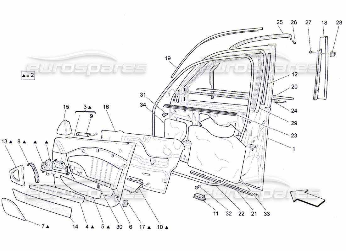 maserati qtp. (2010) 4.7 porte anteriori: diagramma delle parti dei pannelli di rivestimento