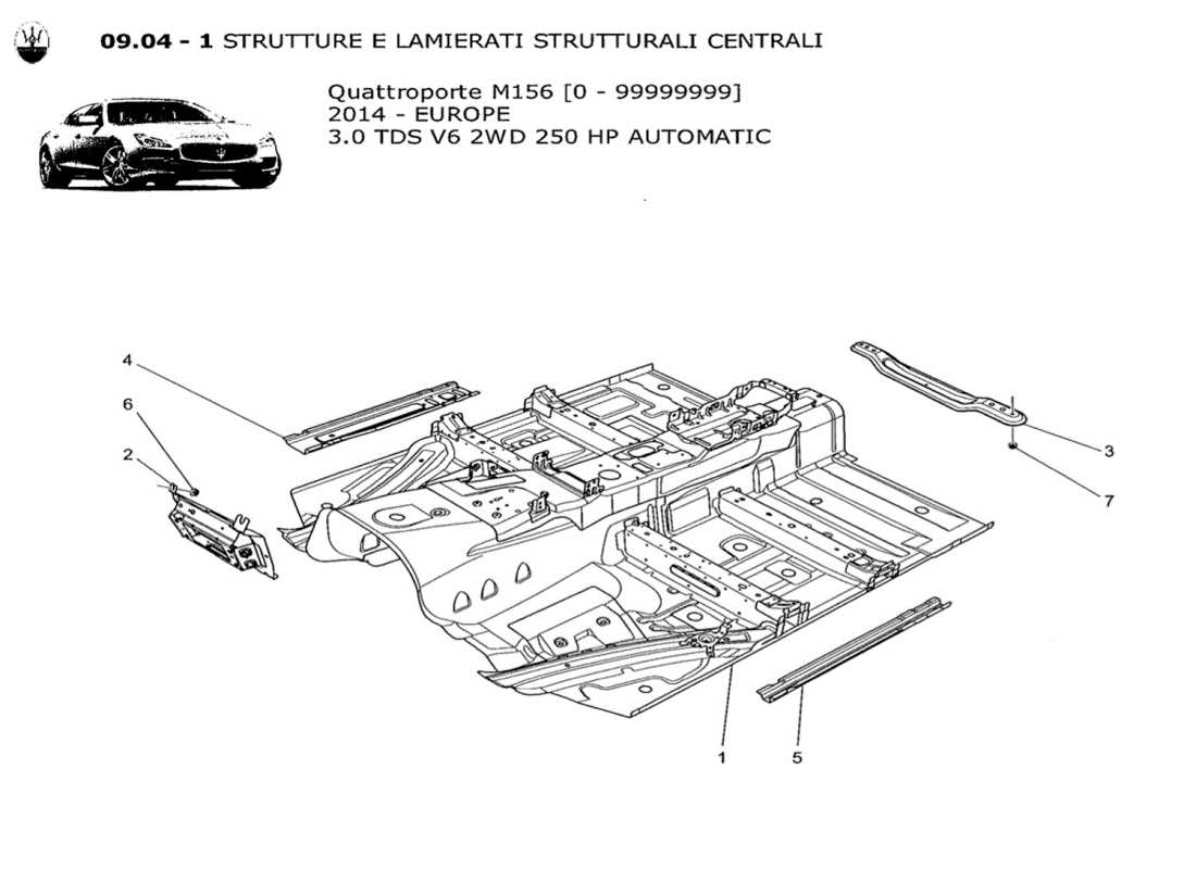 maserati qtp. v6 3.0 tds 250bhp 2014 schema delle parti dei telai strutturali centrali e dei pannelli in lamiera