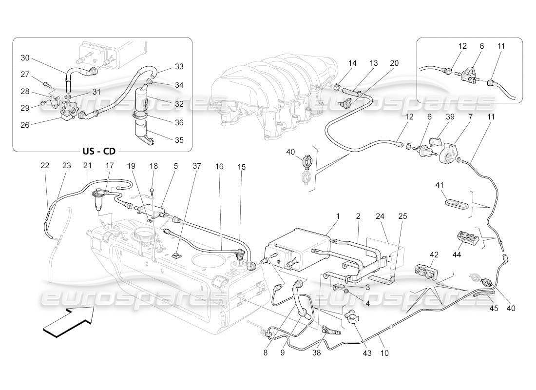 maserati qtp. (2011) 4.2 auto diagramma delle parti del sistema di ricircolo dei vapori di carburante