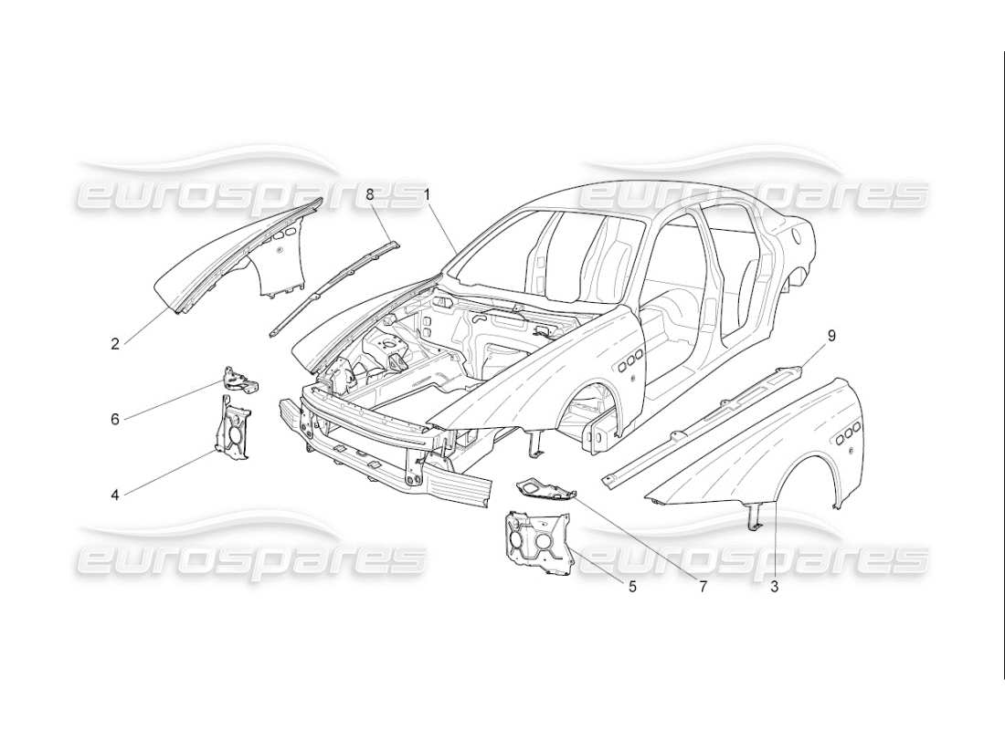 maserati qtp. (2008) 4.2 auto carrozzeria e pannelli di rivestimento esterni anteriori diagramma delle parti